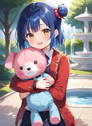 score_9, score_8_up, score_7_up,1girl, myo_chan, tiny, flat chest, one side bun, blue hair, dark gold eyes, open_mouth, blush, beautiful_female_fingers, MYO_CHAN,
looking at viewer, blush, open mouth, red fur-trimmed jacket, A backpack decorated with simple angel wings. park, fountain, (Hugging a stuffed dog: 1.6)