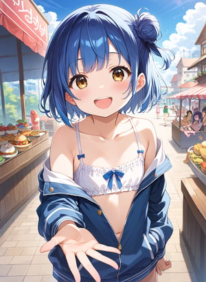 score_9, score_8_up, score_7_up,1girl, myo_chan, tiny, flat chest, one side bun, short cut, navy hair, dark gold eyes, open_mouth, blush, MYO_CHAN, blue hair,
ed fur-trimmed jacket,

playing, in a amusement_park, looking at viewer, blush, full smile, dynamic angle, 

(((5_fingers))), beautiful_female_fingers, 