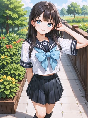 score_9, score_8_up, score_7_up, source_anime, (perfect anatomy:1.4), beautiful skin,
,//characters, 
1girl, solo, akebikomichi, (black pleated skirt, serafuku, blue bow, socks), 
,//situations, 
outdoor
,//pose,
1girl, solo, arms behind back, face focus, from above, head tilt
,/LoRA, beautiful_female_fingers, (4_fingers and 1thumb on hand), (perfect hand),perfect anatomy,