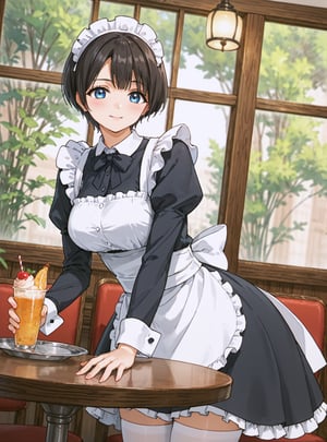 score_9, score_8_up, score_7_up, source_anime, (perfect anatomy:1.4), beautiful skin,
,//characters, 
1girl, solo, akebiyuwa, black hair, short hair, bangs, blue eyes, mature female
maid costume, maid headdress,top open,white stockings
,//situations, 
cafe, table, tray
,//pose,
1girl, blush, holding, bending over, dutch angle
,/LoRA, beautiful_female_fingers, (4_fingers and 1thumb on hand), (perfect hand), (beautiful hands), perfect anatomy,