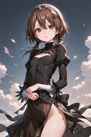 masterpiece, best quality, ultra-detailed, perfect anatomy, High detailed, detailed background, beautiful face,  Uncensored, Claudia, nanasemei, nonomiyatsugumi,

1 5yo girl, (loli), (tiny), (short stature), ((infant body shape)), flabby, flat chest, No public hair, extremely pretty face, beautiful face, ultra-detaild face, cute face, shiny brown hair, 
short hair, hairpin, ultra-detailed eyes, round eyes, big eyes, Droopy eyes, dark medium hair,low twintails, shiny brown hairs , dark brown eyes, beautiful eyebrow, (eyelashes:0.4), Bishojo, beautiful nose,

(yorha 2b clothes), sexy pose, datch angle, cowboy shot,

,perfect fingers,
score_9, score_8_up, score_7_up,Expressiveh, concept art, dark theme, Anime ,hentai