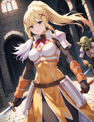 source_anime, score_7_up, score_8_up, score_9_up,solo,darkness \(konosuba\), long hair, green eyes, blonde hair, hair ornament, ponytail, braid, x hair ornament,gloves, armor, bodysuit, shoulder armor, armored dress,beautiful_female_fingers,

dungeon, battle, dynamic pose, dynamic angle, holding a shield, holding a sword, monster, goblin, orc, defeated