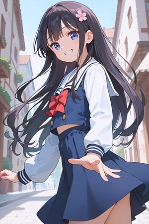 score_9, score_8_up, score_7_up, score_6_up, source_anime, (ultra-detailed:1.5),Detailed eyes, perfect anatomy, hana, black hair,1girl, ((tiny body)), flat chest, solo,
blue dress, white sailor collar, red bowtie, white long sleeves,
,
1girl, looking at viewer, smile, looking back, viewed_from_behind, cute pose, dynamic angle
,
beautiful_female_fingers, (correct number of fingers, 4_fingers+1_thumb), (perfect hands, beautiful hands), perfect anatomy, hana