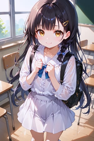 masterpiece, best quality, ultra-detailed, perfect anatomy, High detailed, detailed background, beautiful face,  Uncensored, Claudia, nanasemei, nonomiyatsugumi,

(((a very young child))), infant body shape, flat chest, No public hair, extremely pretty face, beautiful face, ultra-detaild face, cute face, black hair, (((long hair))), bangs, single side braid, gold ribbon, ultra-detailed eyes, gold eyes, round eyes, big eyes, droopy eyes, beautiful eyebrow, (eyelashes:0.4), Bishojo, beautiful nose,

white skirt, white shirt, hair ornament, ribbon, jewelry, frills, hairclip, black bag, sleeves past wrists, white long socks black backpack,

cute pose, embarrassed smile, at classroom, in front of blackboard, dynamic angle, from above dynamic pose,

score_9, score_8_up, score_7_up,Expressiveh, concept art,  Anime ,hentai, dark theme, beautiful_female_fingers