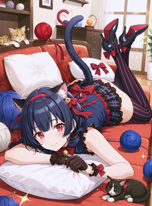 ,//characters, 
1girl, solo, morino rinze, morinorinze02, short hair, bangs, plaid, black hair, red eyes, hair ribbon, blush, smile, bow, ribbon, hairband, cat ears, sleeveless, skirt, pola dot, cat tail, bell, tail ornament, black gloves, vertical-striped thighhighs, high heels, smile, closed mouth, lying, on stomach, indoors, pillow, sparkle, cat, couch, cat teaser, yarn, yarn ball
,//situations, 

,//pose, 

,/LoRA, perfect anatomy, beautiful_female_fingers, (correct number of fingers), (5_fingers), (perfect hands),perfecteyes