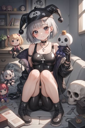 score_9,score_8_up,score_7_up,source_anime,high res image,masterpiece,best quality,

1girls, cute face, clear skin, shiny gray hair, ultra detailed eyes,
bike shorts,

goth jester, free space above head, hat, goth, small skull earring, choker, cross necklace, shiny clothes, long enamel gloves texture, rubber texture, glossy textures, rubber body suit, latex long gloves, choker, 

watching to the camera. looking at the viewer with a happy smile, blushing, rubber doll, silicone doll
Detailed dungeon environment, rocks and stones, Indoors,