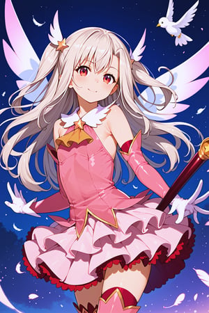 masterpiece, best quality, ultra-detailed, perfect anatomy, High detailed, detailed background, beautiful face,  Uncensored,

1girl, tiny body, flat chest, white hair, red eyes, big eyes, long hair, twin tails, super_kawaii, bisyojo, hair ornament, feathers, pink dress, elbow gloves, magical girl, pink thigh Boots,standing, holding magical stick, looking at viewer, 

night, fighting, dutch angle , cowboy shot, from front,

,beautiful_female_fingers,perfect hands,detailed hands,beautiful hands
, score_9, score_8_up, score_7_up, score_6_up, score_5_up, score_4_up, BREAK source_anime, masterpiece