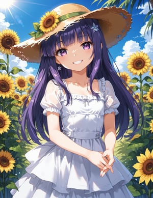 score_9, score_8_up, score_7_up,
,//characters, 1girl, furuderika_pony, purple hair, flat_chest, shiny skin,
Straw hat, white dress, short sleeves,
,//situations, Sunflowers, flowers, summer, sunlight, vibrant colors
,//pose, 
Sunflowers, flowers, summer, sunlight, vibrant colors, tilt head, soft smile
,/LoRA, beautiful_female_fingers, (4_fingers and 1thumb on hand), (correct number of fingers), (perfect hands), perfect anatomy,