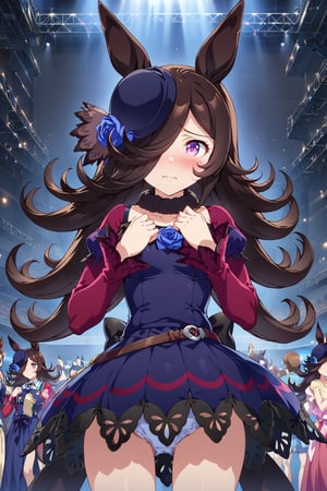 masterpiece, best quality, ultra-detailed, perfect anatomy, High detailed, detailed background, anime_source, official_art,

1girl,rice shower \(umamusume\),horse ears,long hair,brown hair,black hair,hair over one eye,riceshowerXL,

solo, blush, shy, dancing, stage, cute pose ,three-quarter view,f rom below, cowboy shot,

,beautiful_female_fingers,
,score_9, score_8_up, score_7_up,Expressiveh, concept art, Anime ,hentai, dark theme,