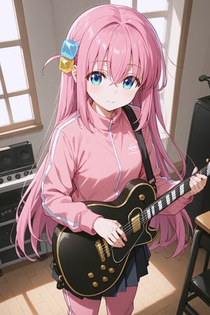 score_9, score_8_up, score_7_up, score_6_up, source_anime, (ultra-detailed:1.5),
Score_Anime,
looking at viewer, room, (((playing the guitar))), dynamic angle,

hitori gotou, big eyes, blue eyes, cube hair ornament, hair between eyes, hair ornament, pink hair, one side up, long hair,
black skirt, jacket, long sleeves, pants, pants under skirt, pink jacket, pink pants, pleated skirt, skirt, track jacket, track pants, track suit,

,(((5_fingers))),beautiful_female_fingers,