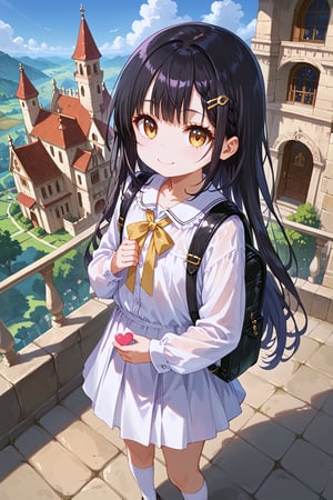 masterpiece, best quality, ultra-detailed, perfect anatomy, High detailed, detailed background, beautiful face,  Uncensored, Claudia, nanasemei, nonomiyatsugumi,

(((a very young child))), infant body shape, flat chest, No public hair, extremely pretty face, beautiful face, ultra-detaild face, cute face, black hair, (((long hair))), bangs, single side braid, gold ribbon, ultra-detailed eyes, gold eyes, round eyes, big eyes, droopy eyes, beautiful eyebrow, (eyelashes:0.4), Bishojo, beautiful nose,

white skirt, white shirt, hair ornament, ribbon, jewelry, frills, hairclip, black bag, sleeves past wrists, white long socks black backpack,

cute pose, embarrassed smile, dreamy landscape, castle, in front of blackboard, dynamic angle, from above dynamic pose, holding heart statue,

score_9, score_8_up, score_7_up,Expressiveh, concept art, dark theme, beautiful_female_fingers,a0b,outdoors,scenery