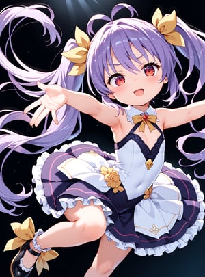 score_9, score_8_up, score_7_up, source_anime, (perfect anatomy:1.4), beautiful skin,
,//characters,
1child, loli, (shortstack:1.0), flatchest, solo, miyauchirenge1, long hair, hair between eyes, twintails, purple hair, antenna hair, yellow hair ribbon, blush, chestnut mouth, triangle mouth, red eyes, 
silky white lace leotard, gold embroidery, pointe Shoes
,//situations, Dark background, spotlight
,//pose, 
1girl, solo, dancing, Dancing the Waltz, from above, arms up, close up
,/LoRA, perfect anatomy, beautiful_female_fingers, (5_fingers on hand), (perfect hands, correct number of fingers:1.4, Anatomically correct hands), perfecteyes