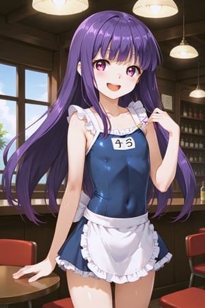 score_9,score_8_up,score_7_up,1girl,  solo, absurdres, beautiful detailed background, depth of field,
,//characters, 1girl, solo, 1girl, furuderika_pony, purple hair, flat_chest, shiny skin,
,one-piece swimsuit, frilled swimsuit, apron, White brim
,//situations, restaurant
,//pose,
1 girl, blush, smile, open mouth, arm up, 
,/LoRA, 
beautiful_female_fingers, perfect anatomy, correct number of fingers, perfect hands, beautiful hands, Expressiveh,concept art,reset_Kalar, furuderika_pony,totori_pony,tillday_shape, Urza_Planeis, tsukiko, majin_hornet