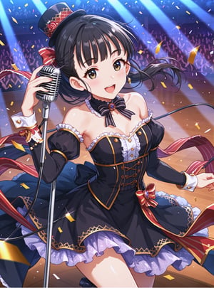 score_9, score_8_up, score_7_up, source_anime, (perfect anatomy:1.4), beautiful skin,
,//characters, 
1girl, solo, fukuyamamai1, black hair, bangs, ponytail, 
mini top hat, dress, detached sleeves, wrist cuffs, bow, ribbon, 
,//situation
microphone stand, confetti, stage,
,//Pose
1girl, solo, singing, leaning forward, from above, close up, face focus, dutch angle,
,/LoRA, beautiful_female_fingers, (4_fingers and 1thumb on hand), (perfect hand), (beautiful hands), perfect anatomy,