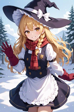 score_9,score_8_up,score_7_up,source_anime, ,rating_explicit,High quality,Ultra detailed,best quality, insanely detailed, beautiful, masterpiece,prefect lighting, perfect anatomy ,delicate body,
kirisame marisa,1girl, solo, long_sleeves, white_bow, hat_bow, black_headwear, witch_hat, white_apron, red_scarf, mittens, snow, gloves, single_braid, winter, hair_bow, black_skirt, white_shirt, plaid_scarf, waist_apron, puffy_sleeves, black_vest, dress
,
smile, dynamic pose, dynamic angle, cowboy shot
,
beautiful_female_fingers, (correct number of fingers, 4_fingers and 1thumb on hand), perfect anatomy,perfecteyes