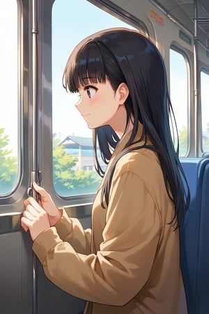 score_9, score_8_up, score_7_up,source_anime,
beautiful, source_anime,
tsukasa ayatsuji, black hair, long hair, black eyes, bangs, blunt bangs,
smile, blush,

beautiful_female_fingers,

in train, Looking out window, profile, eye_narrowed, sunshine,