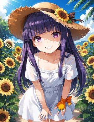 score_9, score_8_up, score_7_up,
,//characters, 1girl, furuderika_pony, purple hair, blunt bangs, flat_chest, shiny skin,
Straw hat, white dress, short sleeves,
,//situations, Sunflowers, flowers, summer, sunlight, vibrant colors
,//pose, 
Sunflowers, flowers, summer, sunlight, vibrant colors, tilt head, soft smile, arms behind back, Leaning forward, looking up, from above
,/LoRA, beautiful_female_fingers, (4_fingers and 1thumb on hand), (correct number of fingers), (perfect hands), perfect anatomy,