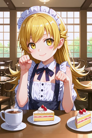 (masterpiece, best quality, ultra-detailed, 8K),(picture-perfect face),best quality, anime style, 1girl, detailed hair, solo, detail eye, detailed background ,shiny skin,
,Oshino_Shinobu, yellow_eyes, blonde_hair, long_hair, flat_chest, pointy_ears, blush_stickers, 
(4_fingers+1thumb on hand), perfect hands, beautiful_female_fingers,

cafe, indoor, a girl, Cafe Maid, smile, cute pose, cake, coffee, from side, 
dynamic angle, paw pose, three quarter view,