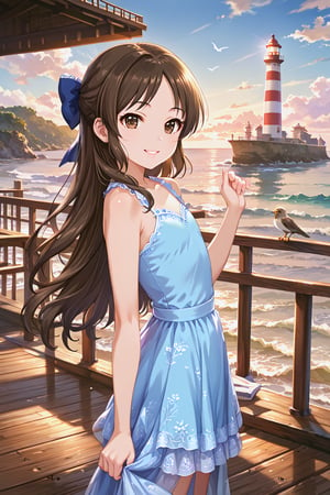 masterpiece, best quality, ultra-detailed, perfect anatomy, High detailed, detailed background, beautiful face,  Uncensored, Claudia, nanasemei, nonomiyatsugumi, draw it very clearly,

cbnars, long hair, brown hair, parted bangs ,hair bow , brown eyes, flat chest, detailed face, beautiful face, clear face, smile, parted, lips, 
idol girl. blue dress,

seaside, sunset,draw it very clearly, pier, lighthouse, bird, detailed back ground, depth_of_field, side view, face forcus,

,perfect fingers, score_9, score_8_up, score_7_up,Expressiveh, concept art, dark theme, ,tcbnars,beautiful_female_fingers