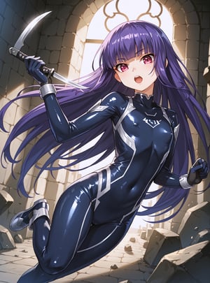 score_9, score_8_up, score_7_up, source_anime, (perfect anatomy:1.4), 
,//characters, 
1girl, furuderika_pony, purple hair, blunt bangs, flat_chest, shiny skin,
taimaninn, bodysuit
,//situations,
dungeon, 
,//Pose
stylish pose, attack, jumping, spin, holding knife
,/LoRA, beautiful_female_fingers, (4_fingers and 1thumb on hand), (correct number of fingers), (beautiful hands), perfect anatomy,