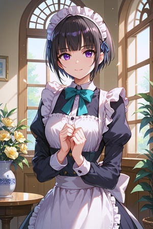 (masterpiece, best quality, ultra-detailed, 8K),best quality, anime style, 
source_anime, shirayuki chiyo, black hair, purple eyes, short hair, kawaii, bisyojo
,
1girl, solo, maid headdress, looking at viewer, long sleeves, maid, puffy sleeves, blunt bangs
,
score_9, score_8_up, score_7_up, perfect anatomy, beautiful_female_fingers, perfect hands, 
score_9, score_8_up, score_7_up