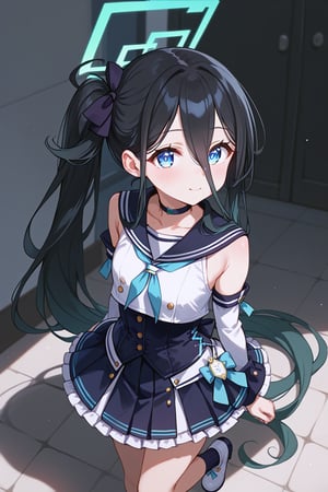 score_9, score_8_up, score_7_up, score_6_up, score_5_up, score_4_up, source_anime, 
ultra-detailed eyes, 

aris-idol, aris \(blue archive\), blue eyes, side ponytail, black hair, absurdly long hair, hair between eyes, hair ribbon, halo, choker, idol clothes, sailor collar, detached sleeves, corset, pleated skirt, frilled skirt, white footwear, from above

,beautiful_female_fingers