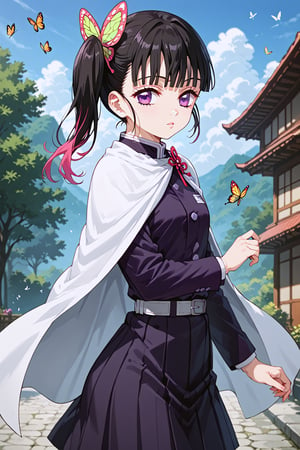 core_9, score_8_up, score_7_up, score_6_up, source_anime,
1girl, kanao tsuyuri, solo, tiny, small breasts, butterfly, black hair, butterfly hair ornament, side ponytail, multicolored hair, hair ornament, purple eyes, round ass,
black skirt, cape, demon slayer uniform,
head tilt, looking at viewer, from front,
beautiful_female_fingers
