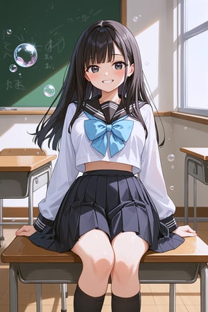 score_9, score_8_up, score_7_up, source_anime, rating_safe, 
BREAK  akebi komichi, 1girl,eye_narrowed, black eyes, black hair, long hair, blunt bangs, school uniform, serafuku, white shirt, black sailor collar, blue bowtie, long sleeves, black skirt, pleated skirt, black socks,

lyrical Scene, blush, smile, watery eyesnarrow eyes, wind, ((hair fluttering)), blushing, , classroom, bubbles, solo,
from front, close up, face focus, 
,beautiful_female_fingers