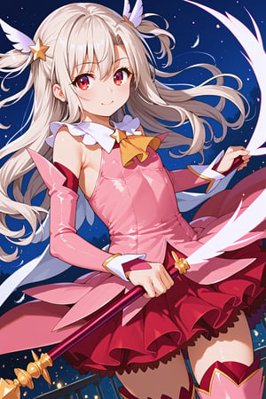 masterpiece, best quality, ultra-detailed, perfect anatomy, High detailed, detailed background, beautiful face,  Uncensored,

1girl, tiny body, flat chest, white hair, red eyes, big eyes, long hair, twin tails, super_kawaii, bisyojo, hair ornament, feathers, pink dress, elbow gloves, magical girl, pink thigh Boots,standing, holding magical stick, looking at viewer, 

night, fighting, dutch angle , cowboy shot, from front,

,beautiful_female_fingers,perfect hands,detailed hands,beautiful hands
, score_9, score_8_up, score_7_up, score_6_up, score_5_up, score_4_up, BREAK source_anime, masterpiece