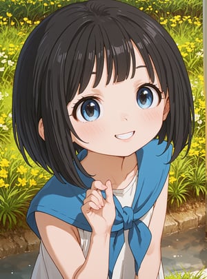 score_9, score_8_up, score_7_up, source_anime, (perfect anatomy:1.4), beautiful skin,
,//characters, 
1child, solo, akebikao, short hair, bangs, blue eyes, black hair, white dress, sleeveless, neckerchief, 
,//situation
outdoors, grass
,//Pose
big smile, close up, from above
,/LoRA, beautiful_female_fingers, (4_fingers and 1thumb on hand), (perfect hand), (beautiful hands), perfect anatomy,