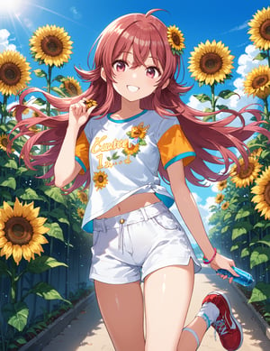 score_9, score_8_up, score_7_up,
,//characters, 1girl, solo, komiya kaho, kaho_pony, shiny skin,
shirt, shoes, short socks, white socks, red footwear, sneakers, white shorts, 
,//situations, Sunflowers, flowers, summer, sunlight, vibrant colors
,//pose, 
Sunflowers, flowers, summer, sunlight, vibrant colors, soft smile, turning around, from behind, close up, face focus, 
,/LoRA, beautiful_female_fingers, (4_fingers and 1thumb on hand), (correct number of fingers), (perfect hands), perfect anatomy,