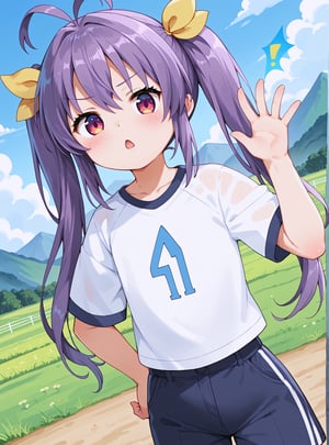 score_9, score_8_up, score_7_up, source_anime, (perfect anatomy:1.4), beautiful skin,
,//characters, 
1child, loli, solo, miyauchirenge1, long hair, hair between eyes, twintails, purple hair, antenna hair, yellow hair ribbon, blush, chestnut mouth, triangle mouth, red eyes, shirt, collarbone, short sleeves, raglan sleeves
,//situations, 
country road, green, mountain, Rice field, Footpath
,//pose,
dutch angle, face focus, 1arm up, another arm on waist
,//LoRA, (4_fingers and 1thumb on hand), (correct number of fingers), (beautiful hands), perfect anatomy,