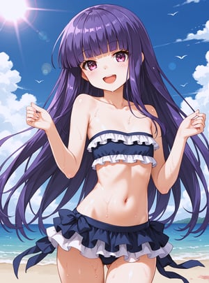 score_9, score_8_up, score_7_up, source_anime, (perfect anatomy:1.4), 
,//characters, 
1girl, furuderika_pony, purple hair, blunt bangs, flat_chest, shiny skin,
strapless frilled bikini, navel, midriff, 
,//situations,
beach background
,//Pose
looking at viewer, smiling, open mouth, blush, wet, 
,/LoRA, beautiful_female_fingers, (4_fingers and 1thumb on hand), (correct number of fingers), (beautiful hands), perfect anatomy,