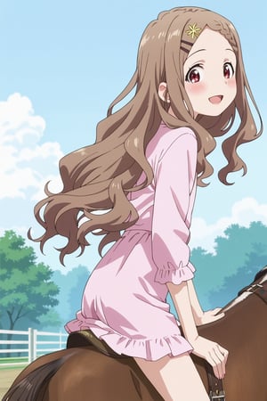 score_9, score_8_up, score_7_up, uncensored, source_anime, rating_explicit, masterpiece, absurdres, best quality, super detail,

aoba kokona, brown hair, braided bangs, hairclip, hair flower, very long hair, red eyes, parted bangs, wavy hair,
open mouth, blush, looking at viewer, smile, 

parted_lips, happy expression, blush, datch angle, cowboy shot, boots, (((Riding on the back of a horse))), Grassland, sky, day, side view, 

, anime screencap, score_anime, 5_fingers, beautiful_female_fingers,