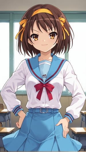 (masterpiece, best quality, ultra-detailed, 8K),best quality, anime style, score_9, score_8_up, score_7_up, perfect anatomy, (4_fingers+1thumb on hand), perfect hands,beautiful_female_fingers,
haruhi suzumiya,short hair,brown hair,brown eyes,hairband,medium hair,ribbon,hair ribbon,
,
1hand on own hip, another hand point at viewer, classroom