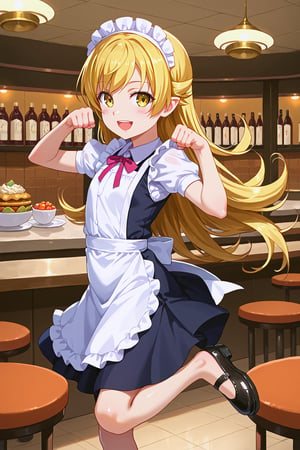 (masterpiece, best quality, ultra-detailed, 8K),(picture-perfect face),best quality, anime style, 1girl, detailed hair, solo, detail eye, detailed background ,shiny skin,
,Oshino_Shinobu, yellow_eyes, blonde_hair, long_hair, flat_chest, pointy_ears, blush_stickers, 
(4_fingers+1thumb on hand), perfect hands, beautiful_female_fingers,

cafe, indoor, a girl, Cafe Maid, full smile, cute pose, arms back, one leg up, open_mouth, from side, more detailed, 
dynamic angle, paw pose, three quarter view,