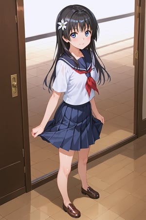 (masterpiece, best quality, ultra-detailed, 8K),(picture-perfect face),best quality, anime style, 1girl, detailed hair, solo, detail eye, full body,
detailed background, shiny skin ,beautiful_female_fingers, perfect anatomy,

1girl, saten ruiko, black hair, blue eyes, long hair, hair ornament, flower ornament,

blue skirt, pleated skirt, sakugawa school uniform, school uniform, serafuku, skirt, summer uniform,
from above