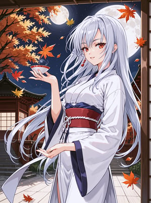 score_9, score_8_up, score_7_up, source_anime, (perfect anatomy:1.4), 
,//characters, 1girl, solo, freyakagami, silver hair
kimono,
//situation
Japanese house, veranda, Night, moon, full moon, autumn leaves, wind, dumplings, sake
//pose
Sit, relax,Look elsewhere, look up at the moon, have a drink
,/LoRA, beautiful_female_fingers, (4_fingers and 1thumb on hand), (correct number of fingers), (beautiful hands), perfect anatomy,