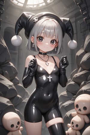 score_9,score_8_up,score_7_up,source_anime,high res image,masterpiece,best quality,

1girls, cute face, clear skin, shiny gray hair, ultra detailed eyes,
bike shorts,

goth jester, hat, standing, goth, gothic girl, small skull earring, watching to the camera. looking at the viewer with a happy smile, blushing, rubber doll, silicone doll, choker, cross necklace, shiny clothes, long enamel gloves texture, rubber texture, glossy textures, rubber body suit, latex long gloves, choker, exhibitionist breastfeeding chest, Free space above head, whole head, top of head. Detailed dungeon environment, rocks and stones, Indoors,