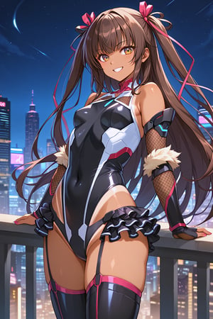 (score_9,score_8,score_7, high_res, best quality, masterpiece, stereogram), ((perfect anatomy)), (1girl, defYuki, (((small breasts))), tan, brown hair, two side up, hair ribbon, anlines, ,beautiful_female_fingers,perfect hands, 
,
black leotard, bare shoulders, detached sleeves, frilled leotard, tanlines, fishnets, elbow gloves, black thighhighs, upper body, city, night sky, cyberpunk, smirk, looking at you