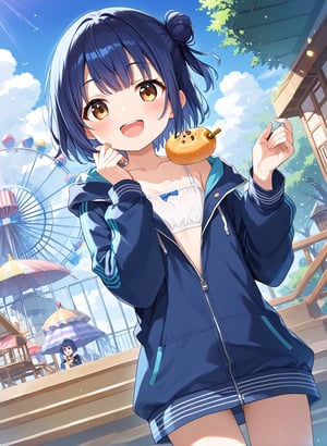 score_9, score_8_up, score_7_up,1girl, myo_chan, tiny, flat chest, one side bun, short cut, navy hair, dark gold eyes, open_mouth, blush, MYO_CHAN, blue hair,
ed fur-trimmed jacket,

playing, in a amusement_park, looking at viewer, blush, full smile, dynamic angle, 

(((5_fingers))), beautiful_female_fingers, 