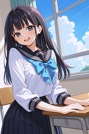 score_9, score_8_up, score_7_up, source_anime, rating_safe, 
BREAK  akebi komichi, 1girl, tareme, black eyes, black hair, long hair, blunt bangs, school uniform, serafuku, white shirt, black sailor collar, blue bowtie, long sleeves, black skirt, pleated skirt, black socks,

dutch angle, standing, blush, smile, open mouth, parted_lips outdoor, window, blue sky, cloud, from front, upper_body, lying on desk, on stomach,
5_fingers, beautiful_female_fingers