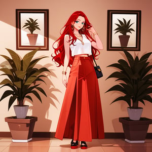1girl, solo, long hair, red skirt, red hair, holding, jewelry, standing, full body, shoes, sleeveless, indoors, hand up, bag, bracelet, crop top, plant, denim, long skirt, watch, handbag, wristwatch, potted plant, wide shot, photo background, sexy,fflixmj6,more detail XL