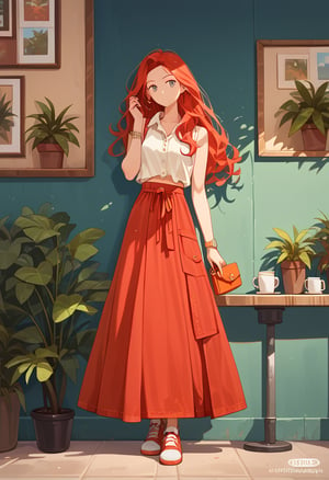 score_9, score_8_up, score_7_up, score_6_up, score_5_up, score_4_up, ((Cinematic)), (extremely detailed fine touch: 1.2),(masterpiece), (best quality),
1girl, solo, long hair, red skirt, red hair, holding, jewelry, standing, full body, shoes, sleeveless, indoors, hand up, bag, bracelet, crop top, plant, denim, long skirt, in a coffee shop, watch, handbag, wristwatch, potted plant, wide shot, photo background, sexy,fflixmj6,more detail XL,long_sleeves, perfect hands, perfects fingers, cityscape, detailed mouth,jaeggernawt,girlnohead