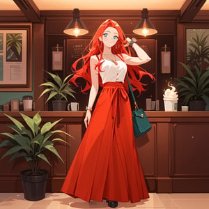 score_9, score_8_up, score_7_up, score_6_up, score_5_up, score_4_up, ((Cinematic)), (extremely detailed fine touch: 1.2),(masterpiece), (best quality),
1girl, solo, long hair, red skirt, red hair, holding, jewelry, standing, full body, shoes, sleeveless, indoors, hand up, bag, bracelet, crop top, plant, denim, long skirt, in a coffee shop, watch, handbag, wristwatch, potted plant, wide shot, photo background, sexy,fflixmj6,more detail XL