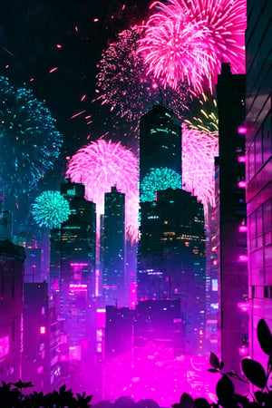  flower, outdoors, sky, from behind, petals, night, plant, building, night sky, scenery, pink flower, city, facing away, fireworks,	 SILHOUETTE LIGHT PARTICLES,neon background