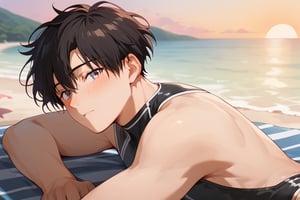 Score_9, Score_8_up, Score_7_up, Score_6_up, Score_5_up, Score_4_up,a man black hair
man lying on the beach, sunset, swimsuit, sexy, blushing,

,stark_sousou_no_frieren