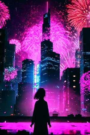 withou people, flower, outdoors, sky, petals, night, plant, building, night sky, scenery, pink flower, city, facing away, fireworks,	 SILHOUETTE LIGHT PARTICLES,neon background