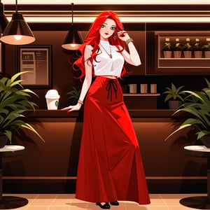 1girl, solo, long hair, red skirt, red hair, holding, jewelry, standing, full body, shoes, sleeveless, indoors, hand up, bag, bracelet, crop top, plant, denim, long skirt, in a coffee shop, watch, handbag, wristwatch, potted plant, wide shot, photo background, sexy,fflixmj6,more detail XL