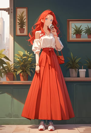 score_9, score_8_up, score_7_up, score_6_up, score_5_up, score_4_up, ((Cinematic)), (extremely detailed fine touch: 1.2),(masterpiece), (best quality),
1girl, solo, long hair, red skirt, red hair, holding, jewelry, standing, full body, shoes, sleeveless, indoors, hand up, bag, bracelet, crop top, plant, denim, long skirt, in a coffee shop, watch, handbag, wristwatch, potted plant, wide shot, photo background, sexy,fflixmj6,more detail XL,long_sleeves, perfect hands, perfects fingers, cityscape, detailed mouth,jaeggernawt,girlnohead